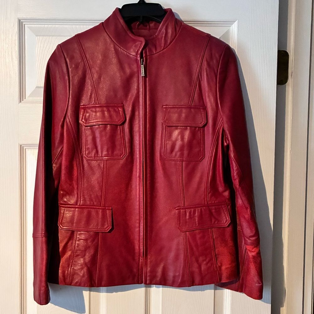 Liz Claiborne Red Leather Zip Front Jacket Zip up Blazer Size Med
